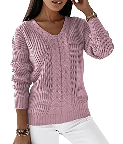 ORANDESIGNE Damen Pullover Grobstrick Strickpullover Zopfmuster V-Ausschnitt Elegant Langarmshirt Slim Fit Knitted Sweater Vintage Herbst Winter Langarm Oberteile Casual Strickpulli Rosa XL von ORANDESIGNE