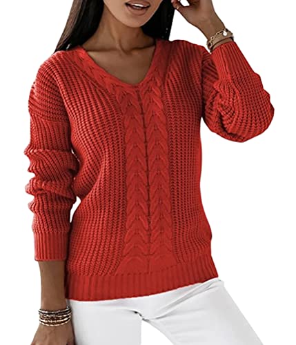 ORANDESIGNE Damen Pullover Grobstrick Strickpullover Zopfmuster V-Ausschnitt Elegant Langarmshirt Slim Fit Knitted Sweater Vintage Herbst Winter Langarm Oberteile Casual Strickpulli Rot XL von ORANDESIGNE