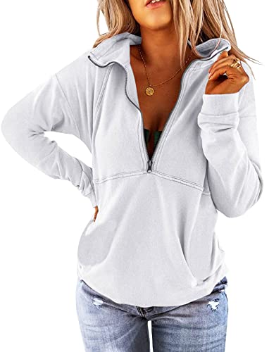 ORANDESIGNE Damen Pullover Halber Reißverschluss Ohne Kapuze mit Stehkragen V-Ausschnitt Oversize Lässig Outfit 1/4 Zip Herbst Jacke A-weiß L von ORANDESIGNE