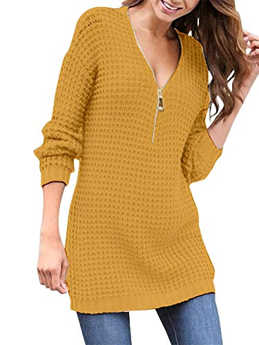 ORANDESIGNE Damen Pullover Kleid Winter Warm Knitted Strickkleid Langarm V-Ausschnitt Reißverschluss Casual Sweater Elegant Mini Kleid Gelb DE 42 von ORANDESIGNE