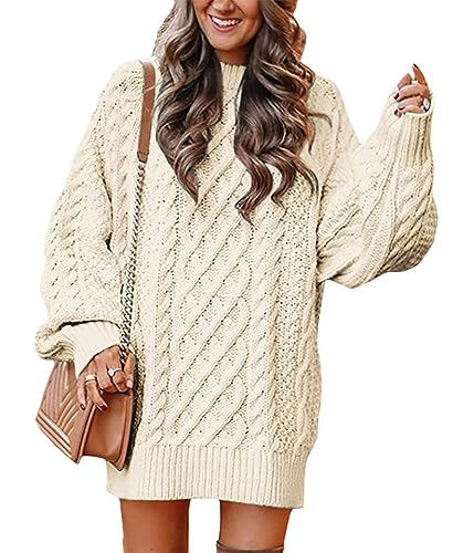 ORANDESIGNE Damen Pullover Kleid mit Rundhalsausschnitt Lange Ärmel Minikleid Langer Pullover Kabelstrick Slouchy Oversized Chunky Pullover Kleider Herbst Winter Gestrickte Pullover Tops A Aprikose S von ORANDESIGNE