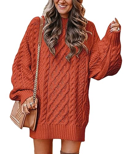 ORANDESIGNE Damen Pullover Kleid mit Rundhalsausschnitt Lange Ärmel Minikleid Langer Pullover Kabelstrick Slouchy Oversized Chunky Pullover Kleider Herbst Winter Gestrickte Pullover Tops A Orange L von ORANDESIGNE
