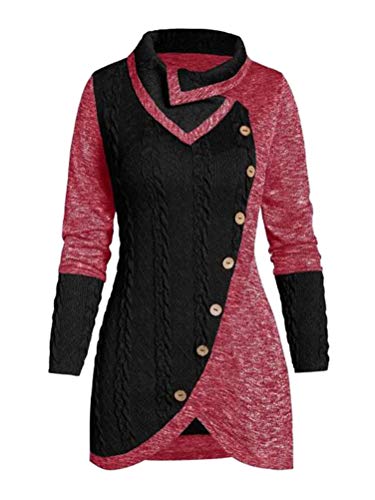 ORANDESIGNE Damen Pullover Longpullover Kragen Tunika Falten Shirt Damen Loose Asymmetrisch Sweatshirt Long Top Oversize Pullover Oberteile Langarmshirt E Rosa XL von ORANDESIGNE