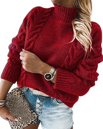 ORANDESIGNE Damen Pullover Lose Pullis Langarm Oberteil Rollkragen Strickpullover Pullover Langarmshirt Strickpulli Casual Oberteile Tops Outwear B Rot M von ORANDESIGNE