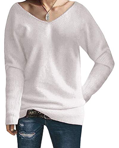 ORANDESIGNE Damen Pullover Oversize Knitted Lose Pulli Strickpullover Outwear Damen Pullover Oberteile Strickpullover für Damen Herbst Winter Langarm V-Ausschnitt Weiß M von ORANDESIGNE