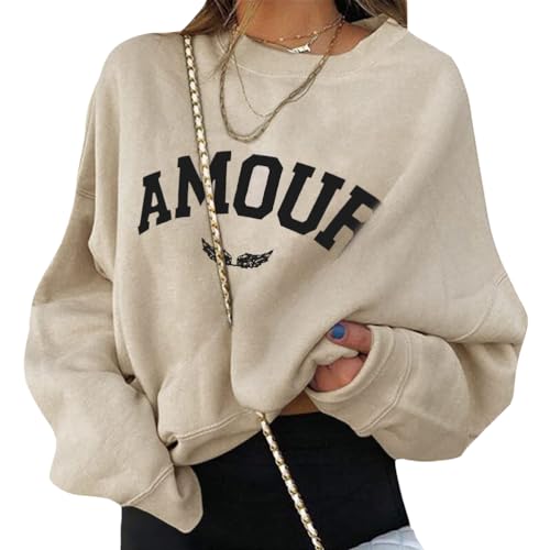 ORANDESIGNE Damen Pullover Rundhals Langarmshirt Elegant Oversize Herbst Sweatshirt Oberteile Ohne Kapuze Briefe Drucken Damenmode Streetwear A Beige M von ORANDESIGNE