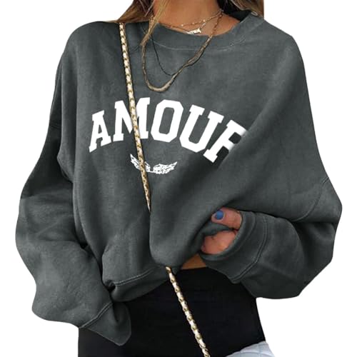 ORANDESIGNE Damen Pullover Rundhals Langarmshirt Elegant Oversize Herbst Sweatshirt Oberteile Ohne Kapuze Briefe Drucken Damenmode Streetwear A Dunkelgrau M von ORANDESIGNE