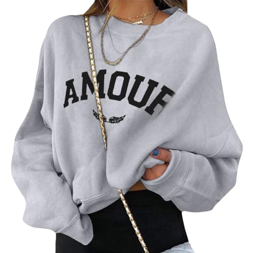 ORANDESIGNE Damen Pullover Rundhals Langarmshirt Elegant Oversize Herbst Sweatshirt Oberteile Ohne Kapuze Briefe Drucken Damenmode Streetwear A Grau M von ORANDESIGNE