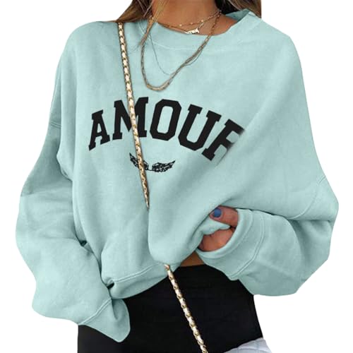 ORANDESIGNE Damen Pullover Rundhals Langarmshirt Elegant Oversize Herbst Sweatshirt Oberteile Ohne Kapuze Briefe Drucken Damenmode Streetwear A Hellgrün M von ORANDESIGNE