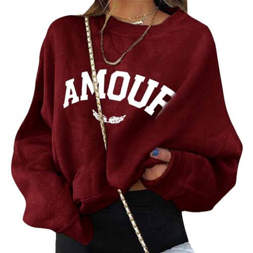 ORANDESIGNE Damen Pullover Rundhals Langarmshirt Elegant Oversize Herbst Sweatshirt Oberteile Ohne Kapuze Briefe Drucken Damenmode Streetwear A Weinrot XXL von ORANDESIGNE