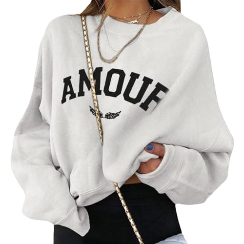ORANDESIGNE Damen Pullover Rundhals Langarmshirt Elegant Oversize Herbst Sweatshirt Oberteile Ohne Kapuze Briefe Drucken Damenmode Streetwear A Weiß M von ORANDESIGNE