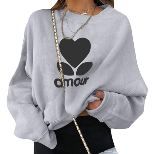 ORANDESIGNE Damen Pullover Rundhals Langarmshirt Elegant Oversize Herbst Sweatshirt Oberteile Ohne Kapuze Briefe Drucken Damenmode Streetwear B Grau XXL von ORANDESIGNE