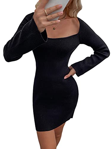 ORANDESIGNE Damen Pullover Stretch Pulloverkleid Minikleid Elegant Strickkleid Casual Strickpullover Strickkleider Langarm Pullikleid Tunika Kleid Tops A-Schwarz M von ORANDESIGNE