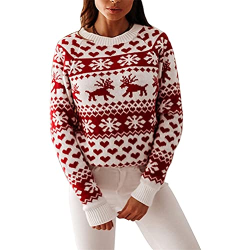 ORANDESIGNE Damen Pullover Stricken Pulli Weihnachtspullover Rentier Schneeflocken-Muster Rundhals Sweatshirt,Weihnachtspulli Gestrickt Christmas Sweater Winter Strickpullover C Weiß S von ORANDESIGNE