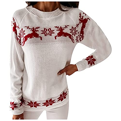 ORANDESIGNE Damen Pullover Stricken Pulli Weihnachtspullover Rentier Schneeflocken-Muster Rundhals Sweatshirt,Weihnachtspulli Gestrickt Christmas Sweater Winter Strickpullover F Weiß S von ORANDESIGNE