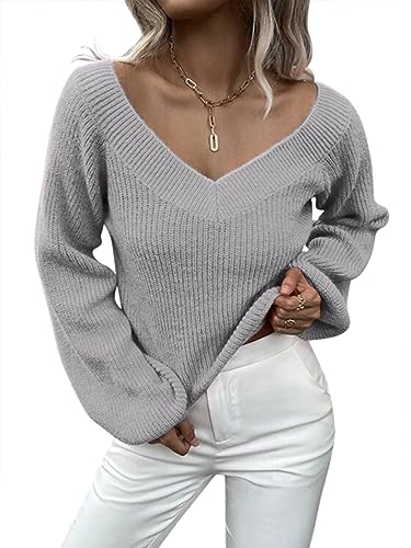 ORANDESIGNE Damen Pullover V Ausschnitt Elegant Sexy Grobstrick Warm Lockerer Strickpullover Lässig Dünn Pulli Häkelpullover Grobmaschig Langarmshirt Knitted Sweater Sweatshirt Grau S von ORANDESIGNE