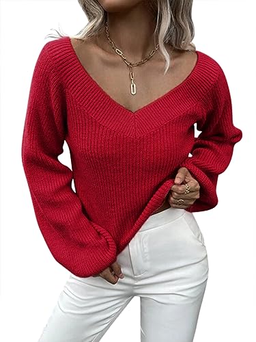 ORANDESIGNE Damen Pullover V Ausschnitt Elegant Sexy Grobstrick Warm Lockerer Strickpullover Lässig Dünn Pulli Häkelpullover Grobmaschig Langarmshirt Knitted Sweater Sweatshirt Rot M von ORANDESIGNE