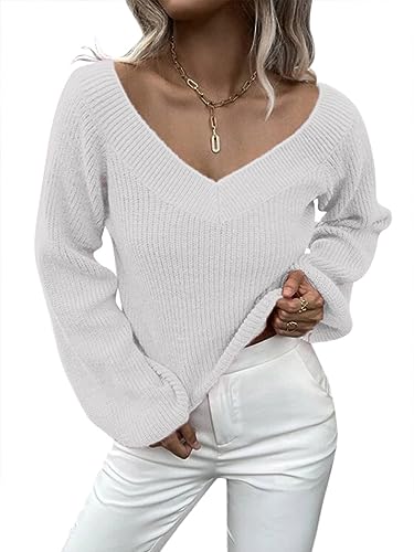 ORANDESIGNE Damen Pullover V Ausschnitt Elegant Sexy Grobstrick Warm Lockerer Strickpullover Lässig Dünn Pulli Häkelpullover Grobmaschig Langarmshirt Knitted Sweater Sweatshirt Weiß S von ORANDESIGNE