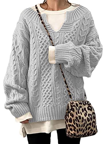 ORANDESIGNE Damen Pullover Winter Basic Oversize Pullover Casual Langarm V-Ausschnitt Strickpullover Tops Hellgrau 3XL von ORANDESIGNE
