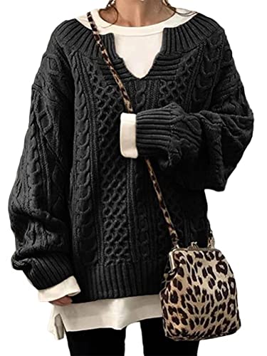 ORANDESIGNE Damen Pullover Winter Basic Oversize Pullover Casual Langarm V-Ausschnitt Strickpullover Tops Schwarz L von ORANDESIGNE