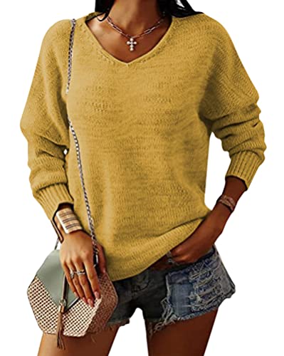 ORANDESIGNE Damen Pullover Winter Strick Elegant Feinstrickpullover V Ausschnitt Strickpullover Langarmshirt Lose Jumper Sweatshirt Basic Strickpulli Dünn Sweater Pulli Gelb M von ORANDESIGNE