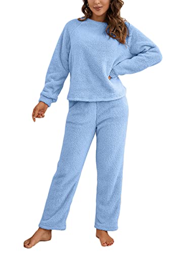 ORANDESIGNE Damen Pyjama Fleece Set Lang Nachtwäsche Winter Warm Hausanzug Zweiteiliger Schlafanzug Langarm Shirt und Pyjamahose A Blau L von ORANDESIGNE