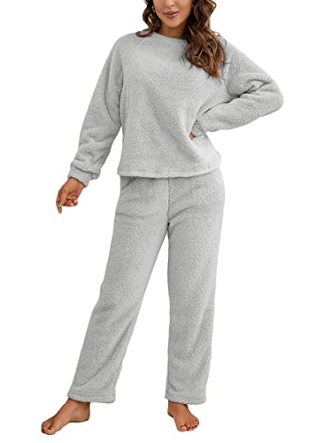ORANDESIGNE Damen Pyjama Fleece Set Lang Nachtwäsche Winter Warm Hausanzug Zweiteiliger Schlafanzug Langarm Shirt und Pyjamahose A Grau S von ORANDESIGNE