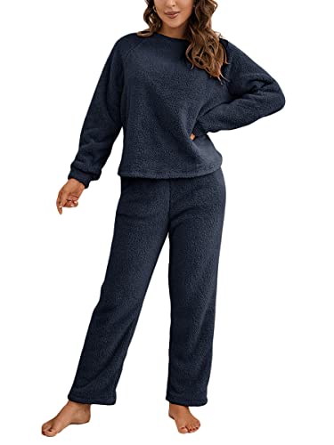 ORANDESIGNE Damen Pyjama Fleece Set Lang Nachtwäsche Winter Warm Hausanzug Zweiteiliger Schlafanzug Langarm Shirt und Pyjamahose A Marine M von ORANDESIGNE