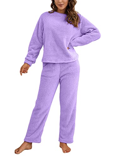 ORANDESIGNE Damen Pyjama Fleece Set Lang Nachtwäsche Winter Warm Hausanzug Zweiteiliger Schlafanzug Langarm Shirt und Pyjamahose A Violett S von ORANDESIGNE