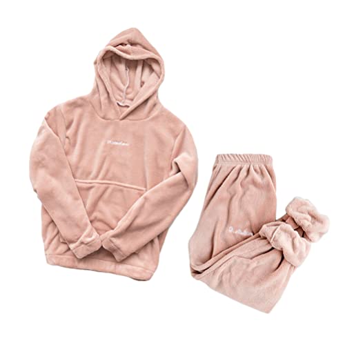 ORANDESIGNE Damen Pyjama Fleece Set Lang Nachtwäsche Winter Warm Hausanzug Zweiteiliger Schlafanzug Langarm Shirt und Pyjamahose C Rose L von ORANDESIGNE