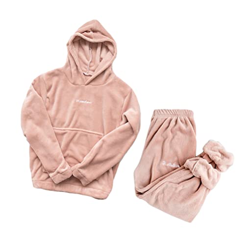 ORANDESIGNE Damen Pyjama Fleece Set Lang Nachtwäsche Winter Warm Hausanzug Zweiteiliger Schlafanzug Langarm Shirt und Pyjamahose C Rose XS von ORANDESIGNE