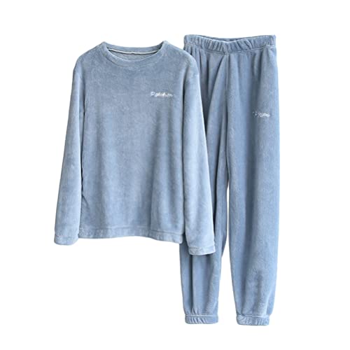 ORANDESIGNE Damen Pyjama Fleece Set Lang Nachtwäsche Winter Warm Hausanzug Zweiteiliger Schlafanzug Langarm Shirt und Pyjamahose D Blau XS von ORANDESIGNE