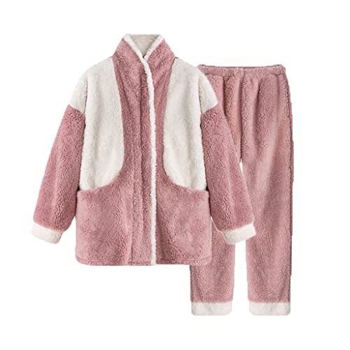 ORANDESIGNE Damen Pyjama Fleece Set Lang Nachtwäsche Winter Warm Hausanzug Zweiteiliger Schlafanzug Langarm Shirt und Pyjamahose E Rose XL von ORANDESIGNE