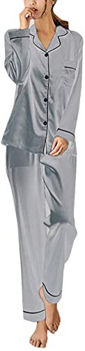 ORANDESIGNE Damen Pyjamas Sets Frühling Herbst Klassische Schlafanzug Satin V-Ausschnitt Zweiteiliges Nachtwäsche Nachthemd Lang Elegant Licht Langarm Shirt und Hosen A Silber DE 44 von ORANDESIGNE