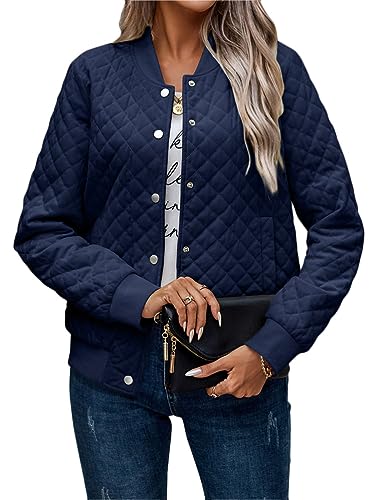 ORANDESIGNE Damen Quilted Jacken in Daunenoptik Einfarbige Leicht Voller Reißverschluss Wintermäntel Lässige Bomberjacke mit Taschen A Bleu Foncé L von ORANDESIGNE