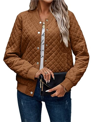 ORANDESIGNE Damen Quilted Jacken in Daunenoptik Einfarbige Leicht Voller Reißverschluss Wintermäntel Lässige Bomberjacke mit Taschen A Marron L von ORANDESIGNE