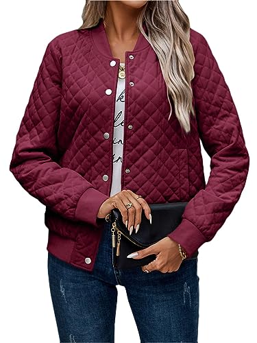 ORANDESIGNE Damen Quilted Jacken in Daunenoptik Einfarbige Leicht Voller Reißverschluss Wintermäntel Lässige Bomberjacke mit Taschen A Vin Rouge S von ORANDESIGNE