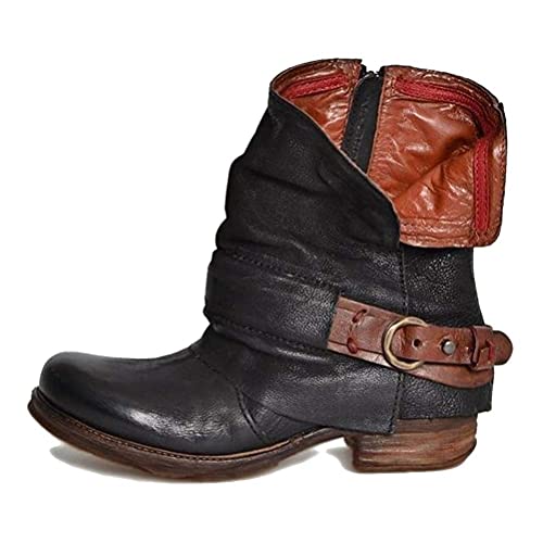 ORANDESIGNE Damen Retro Leder Stiefel Blockabsatz Stiefeletten Frauen Bequeme Schuhe mit Rutschfester Sohle Herbst Winter Casual Boots A Schwarz 41 EU von ORANDESIGNE