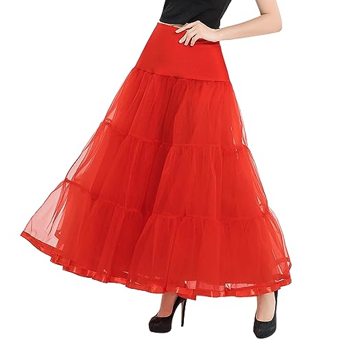 ORANDESIGNE Damen Rock Elegant Festlich Lang Transparent High Waist Maxirock A Linie Tüllrock Schicke Abendmode Hochzeit Cocktail Unterrock Rockabilly Swing Petticoat Kleid Flowy Skirt Rot L von ORANDESIGNE