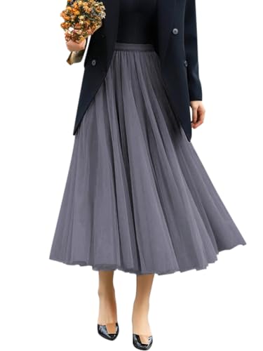 ORANDESIGNE Damen Rock Knielang Elegant Festlich A Linie High Waist Tüllrock Midi Transparent Swing Röcke Elastischer Bund Faltenrock Casual Midirock Plisseerock Dunkelgrau M von ORANDESIGNE