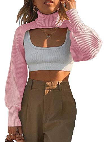 ORANDESIGNE Damen Rollkragen Kurz Pullover Geripptes Laternenärmel Gestricktes Crop Top Lange Ärmel Strickoberteil Clubwear Einfarbiger Ultrakurz Pullover Rosa Einheitsgröße von ORANDESIGNE