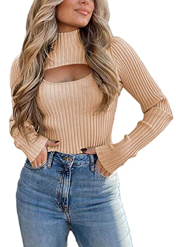 ORANDESIGNE Damen Rollkragenpullover Basic Sexy 2 Teiliger Cutout Strickpullover Stehkrage Rippstrick Pullover Stretch U-Neck Sweater Langarm Slim Fitting Kurzer Pullover A Khaki XL von ORANDESIGNE