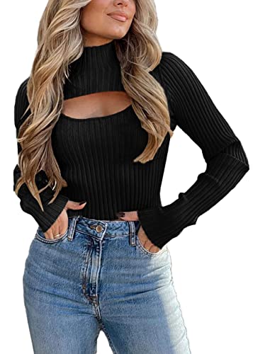 ORANDESIGNE Damen Rollkragenpullover Basic Sexy 2 Teiliger Cutout Strickpullover Stehkrage Rippstrick Pullover Stretch U-Neck Sweater Langarm Slim Fitting Kurzer Pullover A Schwarz S von ORANDESIGNE