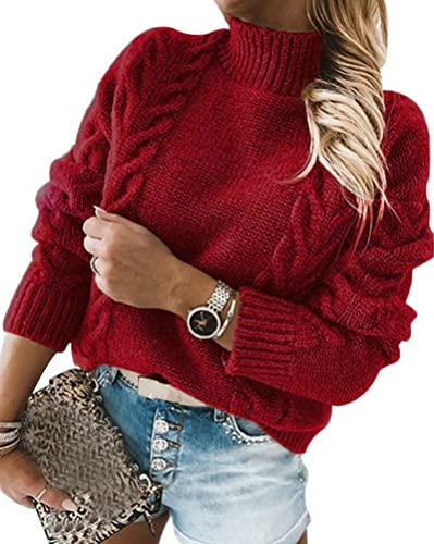 ORANDESIGNE Damen Rollkragenpullover Langarmshirts Pullover Einfarbig Stricktop Langarm Frühling Pullover Strickpullover Knitted Lose Pulli Oberteile Tops B Rot S von ORANDESIGNE