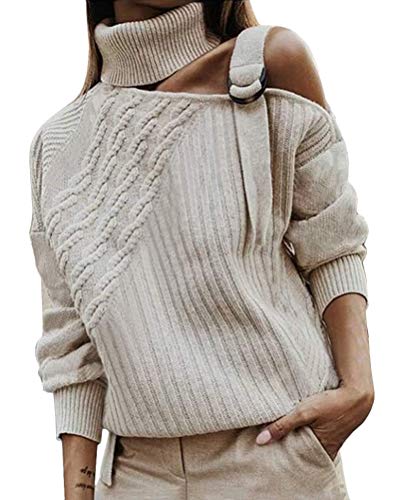 ORANDESIGNE Damen Rollkragenpullover Strickpullover Winter Lässiges Stricken Pulli Sweatshirt Oberteile Schulterfrei Elegant Strickpulli Sweater Oberteiles Tops A Beige 42 von ORANDESIGNE