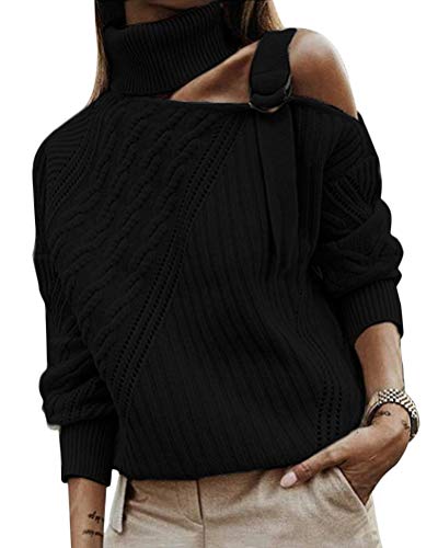 ORANDESIGNE Damen Rollkragenpullover Strickpullover Winter Lässiges Stricken Pulli Sweatshirt Oberteile Schulterfrei Elegant Strickpulli Sweater Oberteiles Tops B Schwarz 42 von ORANDESIGNE