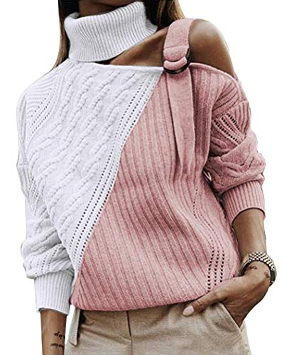 ORANDESIGNE Damen Rollkragenpullover Strickpullover Winter Lässiges Stricken Pulli Sweatshirt Oberteile Schulterfrei Elegant Strickpulli Sweater Oberteiles Tops C Rosa 38 von ORANDESIGNE