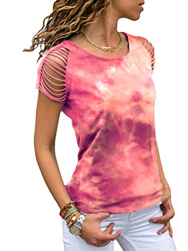 ORANDESIGNE Damen Rosa Tie Dye Batik Bunte Kurzarm Rundhals Oversize Ausgefallene Hippie Pastell T-Shirt Tops Oberteile Damen Mode 02 Rot 42 von ORANDESIGNE