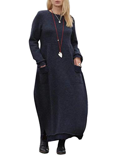 ORANDESIGNE Damen Rundhals Vlieskleider Frauen Langarm Lose Pulloverkleid Casual Sweatkleid Winterkleid Partykleid Einfarbig Lang Maxi Kleid Große Größe Navy Blau XL von ORANDESIGNE