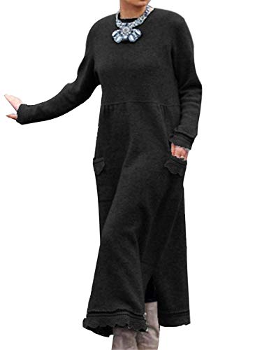 ORANDESIGNE Damen Rundhals Vlieskleider Frauen Langarm Lose Pulloverkleid Casual Sweatkleid Winterkleid Partykleid Einfarbig Lang Maxi Kleid Große Größe Schwarz M von ORANDESIGNE